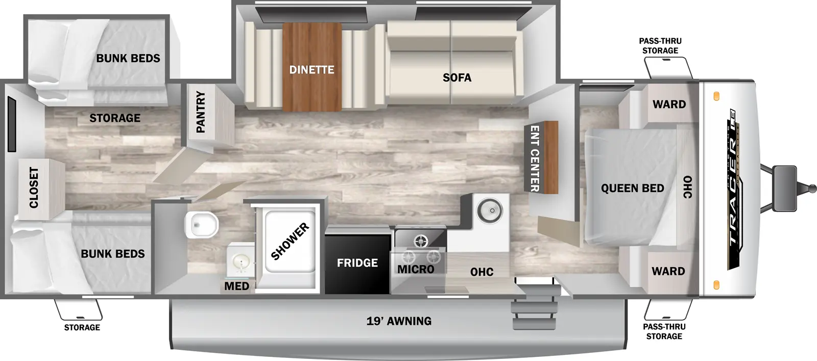 The 308BRDLE has two slideouts and one entry. Exterior features front pass-thru storage, 19 foot awning, and rear storage. Interior layout front to back: foot-facing queen bed with overhead cabinet and wardrobes on each side; entertainment center along inner wall; off-door side slideout with sofa and dinette, and a pantry; door side entry, peninsula kitchen counter with sink, overhead cabinet, microwave, cooktop, refrigerator, and full bathroom with medicine cabinet; rear bunk room with off-door side bunk bed slideout with storage, and door side bunk beds with rear closet.